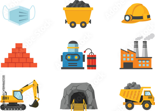 Flat style mining and construction vector icon set featuring protective mask, hard hat, mine cart with coal, excavator, factory building, dynamite, and dump truck, illustrating heavy industry.