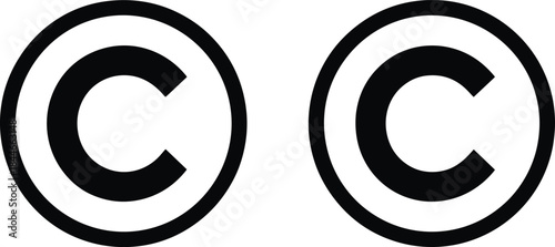 Black copyright symbol icon set, minimal circular copyright sign illustration, intellectual property protection concept, isolated vector design for legal and branding use
