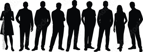 Business people silhouettes standing together in row, professional men and women team concept, corporate workforce illustration, black human figures vector
