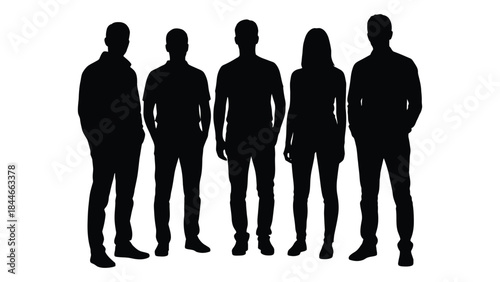 A group of five people standing together shown in a striking black silhouette