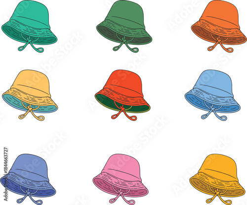 Colorful bucket hat collection illustration showing multiple color variations, trendy summer headwear design, fashion accessories vector set isolated on white background