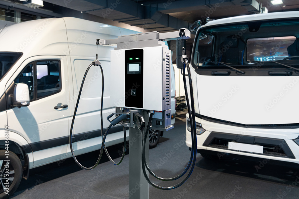 Naklejka premium Electric vehicles charging station on a background of trucks and van