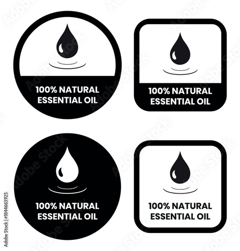 Essential oil drop icon for beauty and skincare natural product certificate label. Essential oils sticker logo for body lotion, cream and shampoo moisturizer, spa wellness fragrance.