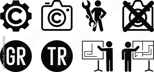 Copyright management and usage icons set, camera copyright, no photography sign, repair service, intellectual property rights and content protection symbols