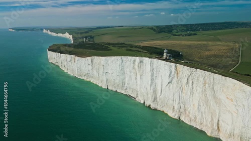 Aerial view over the famous white cliffs of The Seven Sisters Dover, south England.
