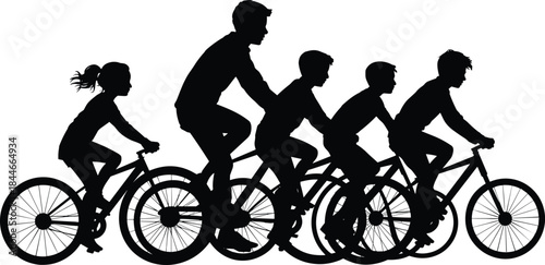 Family Cycling Together Silhouette, Group of People Riding Bicycles Illustration, Outdoor Summer Activity Vector Graphic, Happy Family Leisure and Active Lifestyle, Isolated Black and White Riders