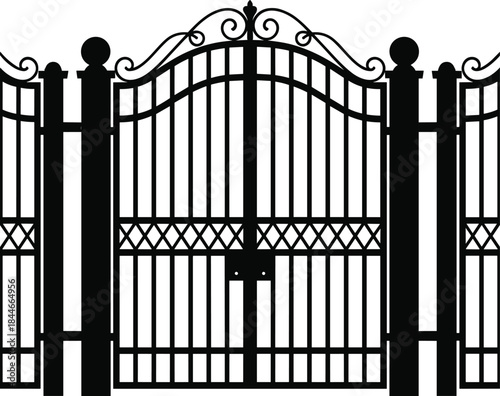 Elegant wrought iron gate silhouette with ornate scrollwork, decorative metal fence entrance illustration for luxury estate, garden architecture, security designElegant wrought iron gate silhouette wi