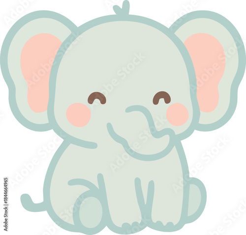 A cute pastel cartoon baby elephant with closed smiling eyes, rosy cheeks, and a curled trunk, illustrated in a soft flat kawaii style