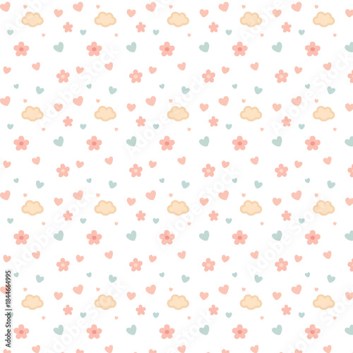 A seamless cute pattern with pastel hearts, flowers, and fluffy clouds scattered evenly across a in a soft kawaii style.