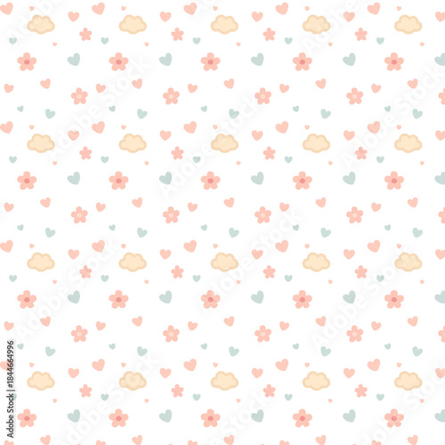 A seamless cute pattern with pastel hearts, flowers, and fluffy clouds scattered evenly across a in a soft kawaii style.