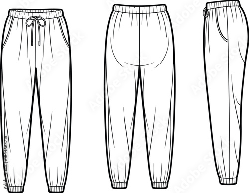 Jogger pants technical fashion illustration showing front back and side views, elastic waistband trousers design, casual sportswear apparel vector outline drawing