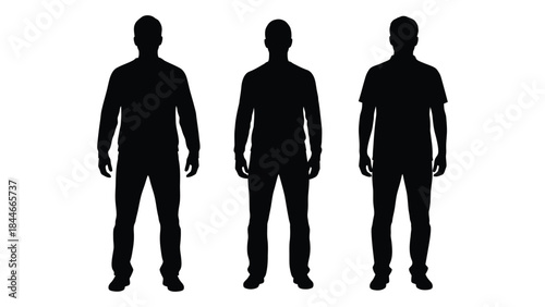 Three men standing side by side in a stark black silhouette