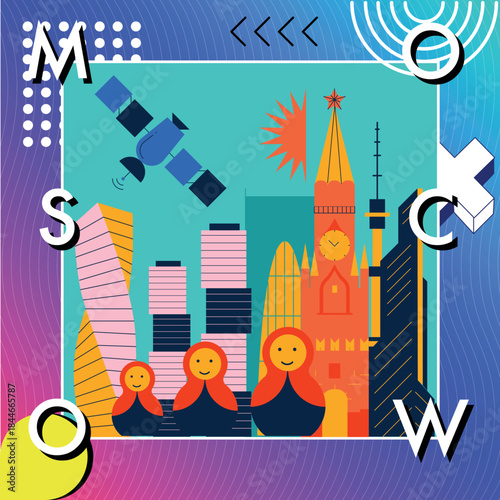 Moscow culture travel night set, famous architectures and specialties in flat design. Business travel and Memphis concept clipart. Image for presentation, banner, website, app, flyer, roadmap, icons