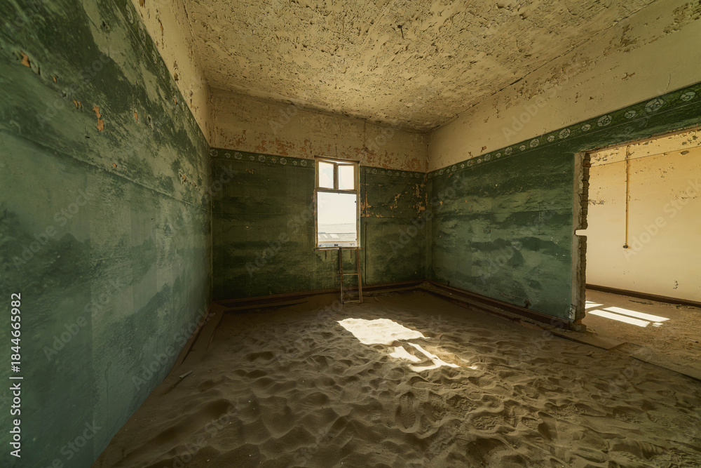 Obraz premium Kolmanskop abandoned ghost town in the Namib Desert, Namibia. Sand-filled interiors and decaying German colonial buildings illustrate nature reclaiming a once-thriving mining settlement