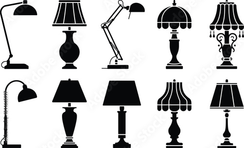 Lamp silhouettes collection, table lamps and desk lamps icons, vintage and modern lighting designs, home decor illustration, minimalist black and white symbols