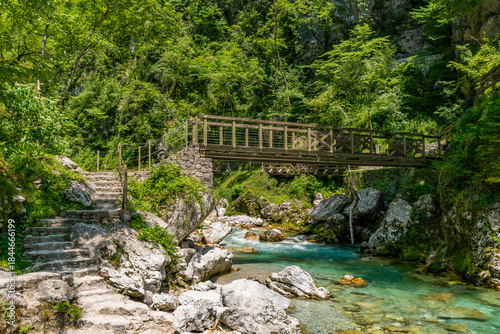 Serene wooden bridge spanning crystal clear waters in Slovenias breathtaking Tolmin Gorges