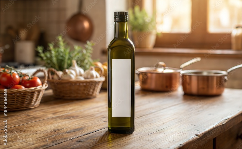 Naklejka premium Olive Oil Bottle Mockup on Rustic Wooden Table with Fresh Vegetables
