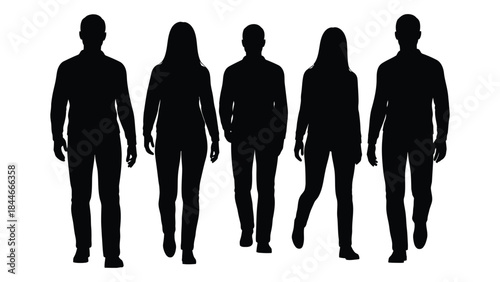 a group of five people walking forward shown as a dark striking silhouette