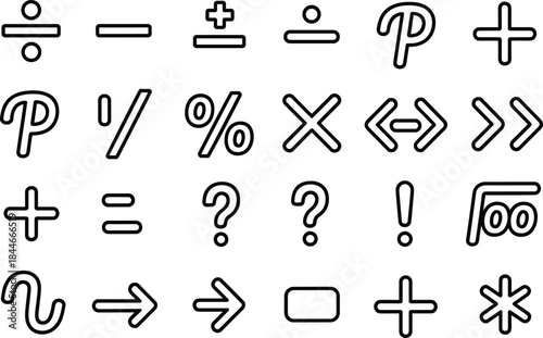 Mathematical symbols outline icon set, basic math operators and algebra signs, education notation elements, minimal vector collection for school learning