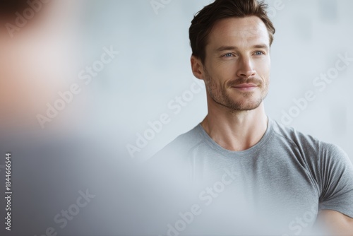 A man looking confidently into a mirror after a workout, positive body image and fitness achievement.