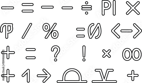 Mathematical symbols icon set, basic math operators and algebra signs, outline style education elements, arithmetic notation collection, minimal vector illustration