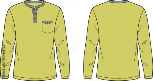 Men long sleeve henley shirt technical flat illustration front and back view, apparel fashion design template with pocket placket collar cuffs stitching and seam details