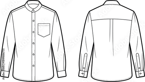 Men long sleeve shirt technical fashion illustration with front and back views, mandarin collar, button placket and pocket, flat apparel vector designMen long sleeve shirt technical fashion illustrati