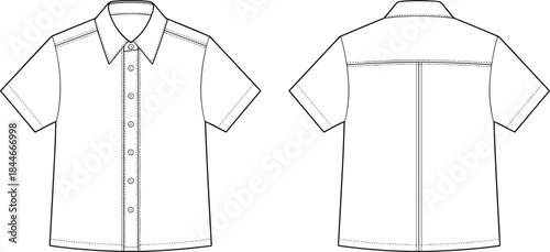 Men short sleeve button up shirt technical flat sketch showing front and back views, apparel fashion design vector illustration for garment production