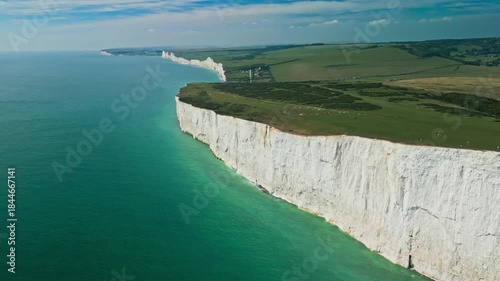 Aerial view over the famous white cliffs of The Seven Sisters Dover, south England.