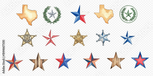 Collection of Texas-themed elements including state outlines, stars, and wreaths in various styles.