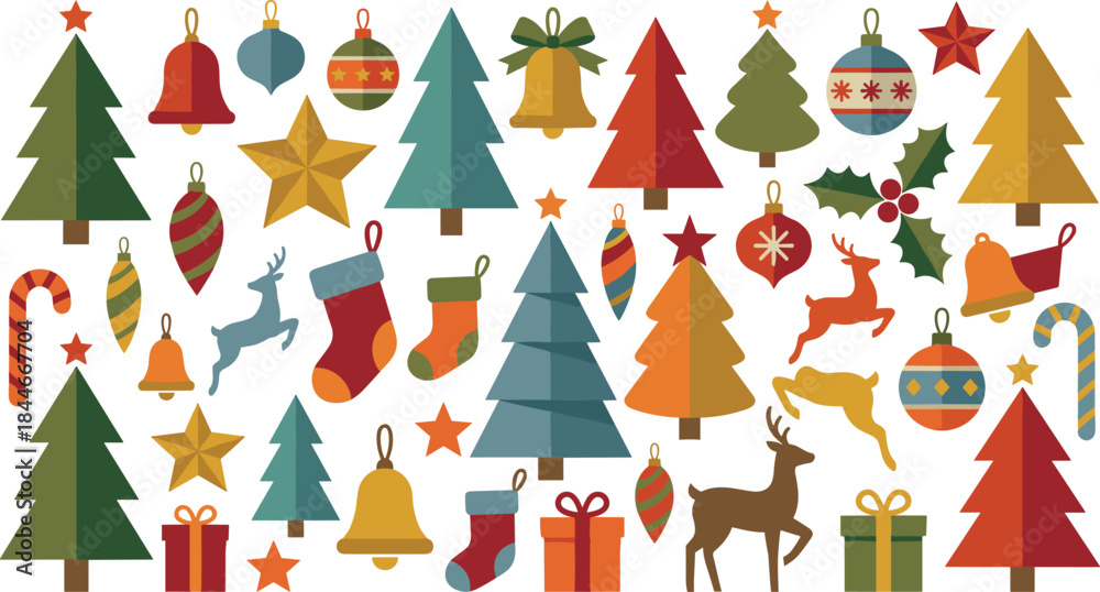 Fototapeta premium Christmas festive elements vector collection, winter holiday icons set, xmas trees ornaments gifts bells stars reindeer illustration