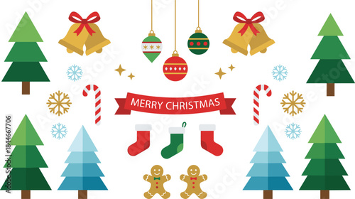 Christmas holiday decoration vector set, merry christmas banner, winter festive elements, xmas ornaments, trees, bells illustration