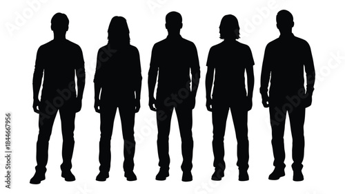 group of six people standing side by side in a dark stark silhouette