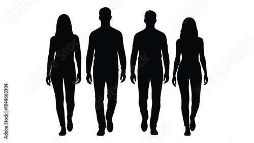 Four people walking forward depicted as dark shapes against a white background silhouette