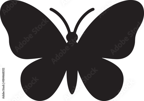 Black silhouette of a butterfly with large wings and antennae on a white background