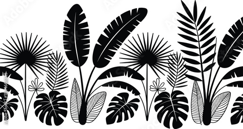 Tropical leaves seamless border illustration with palm, banana and monstera foliage silhouettes, black and white vector jungle pattern for wallpaper, fabric, branding, and decor