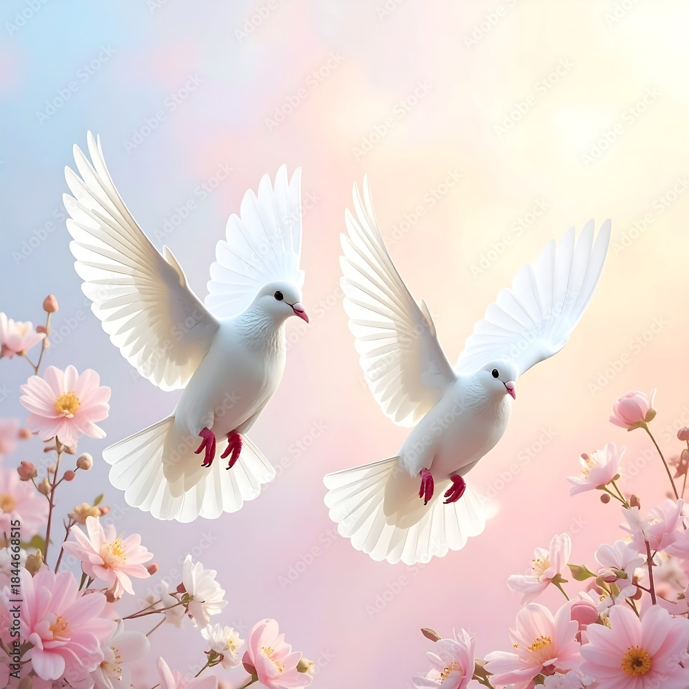 Fototapeta premium Two white doves in flight amidst pink blossoms