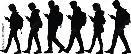 Walking people using smartphones silhouette illustration showing men and women with backpacks, modern mobile communication, digital lifestyle, technology addiction concept, black and white vector