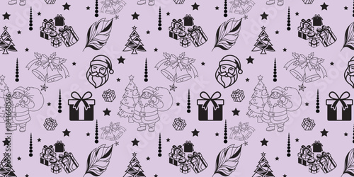 Festive Pattern: Seamless festive pattern features the iconic imagery of Christmas: Santa, gifts, trees, and bells, all adorned in a timeless, monochromatic design.