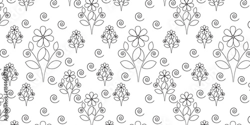 Floral Symphony: A whimsical floral pattern comes to life, a repeating composition of delicate flower bouquets, leaves and charming swirl. 