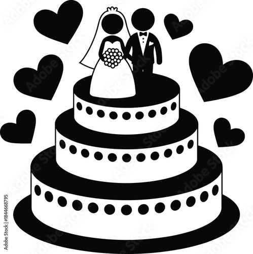 Wedding cake topper illustration with bride and groom silhouette, romantic love hearts, marriage celebration symbol, elegant black and white vector design