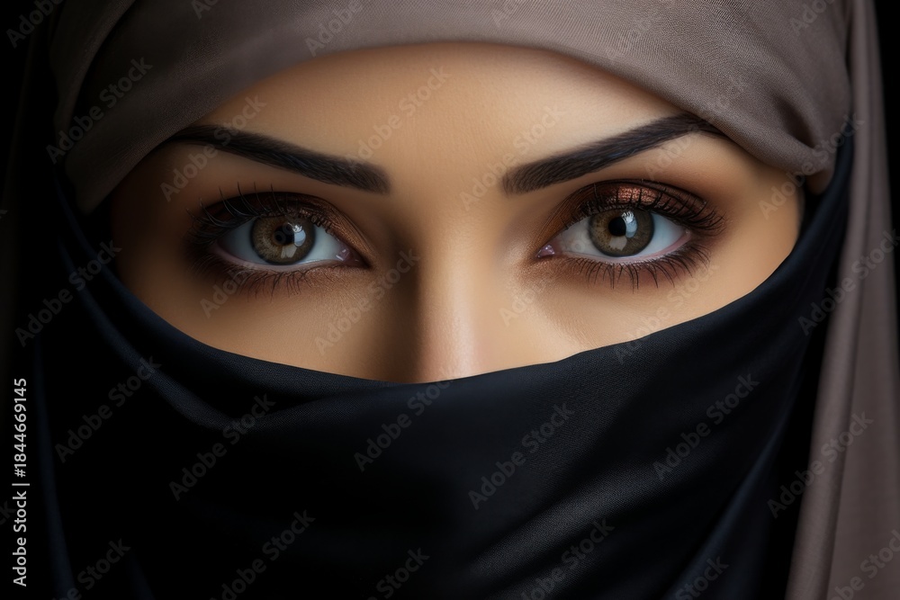 Naklejka premium Beautiful close-up portrait of a woman in a black hijab showcasing her stunning eyes and serene expression