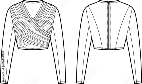 Women long sleeve wrap top technical flat illustration front and back view, fashion apparel design template with v neck panels seams stitching and construction details