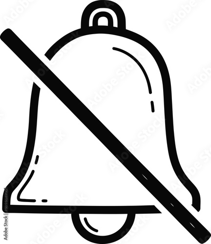 Hand-drawn simple bell with a slash icon, doodle solid black on white, indicating silent mode, quick notification control sketch