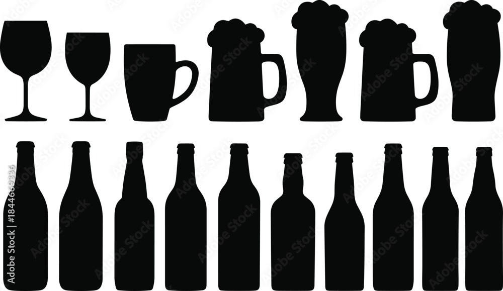 Fototapeta premium Alcohol drinkware silhouette set featuring beer mugs wine glasses bottles and steins, black vector icons collection for bar pub brewery design