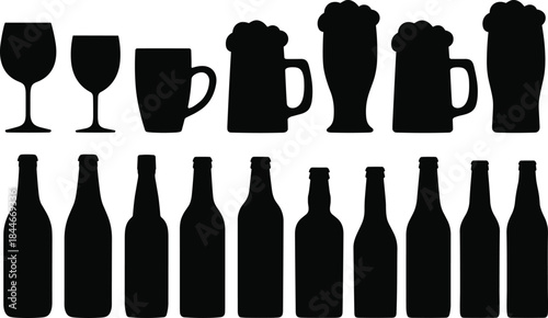 Alcohol drinkware silhouette set featuring beer mugs wine glasses bottles and steins, black vector icons collection for bar pub brewery design
