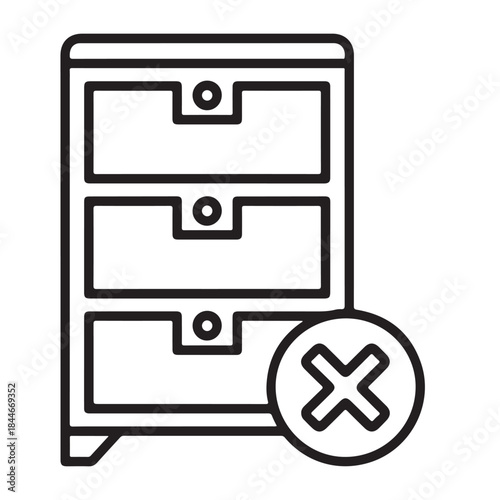 Black line icon of a filing cabinet with a delete symbol