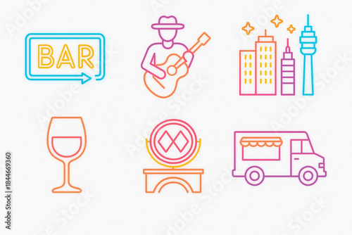 Chilean Nightlife Vector Icon Set with Bars, Music, City Lights, and Neon Style
