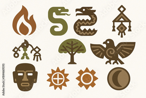 Mapuche Mythology Vector Icon Set with Pillán Spirit, Serpents, Sacred Symbols