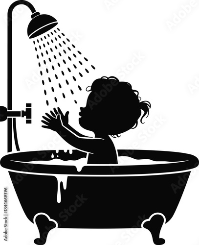 Baby bathing silhouette icon, child in bathtub under shower, infant hygiene and childcare concept, bathroom safety illustration, black and white vector design